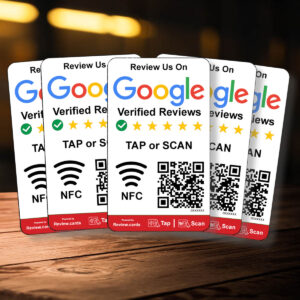 Five 5 Google Smart Review Cards are displayed in a fan layout, each featuring the Google logo, "Verified Reviews," and instructions to "TAP or SCAN." They include NFC and QR code icons. Below is a red banner with "Review.cards" and additional icons for tap and scan actions.