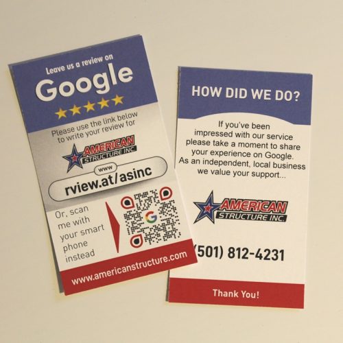 Two American Structure Inc. cards asking, "How can I increase my Google 5-star reviews?" The left card includes a QR code, a link (rview.at/asinic), and the company logo. The right card urges feedback and provides a phone number, (501) 812-4231. Both cards proudly feature a patriotic star logo.
